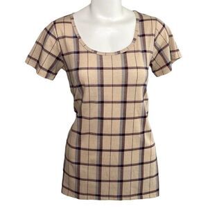 LuLaRoe Classic T Beige Purple Blue‎ Plaid Swing T Shirt Top Sz XS